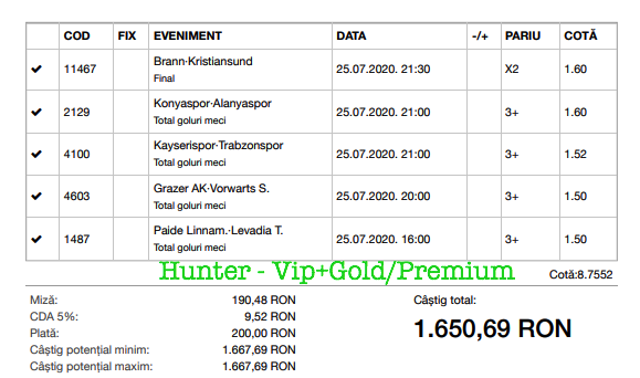 Bilet Vip+Gold/Premium cu castig 1650 lei - 26.07.2020