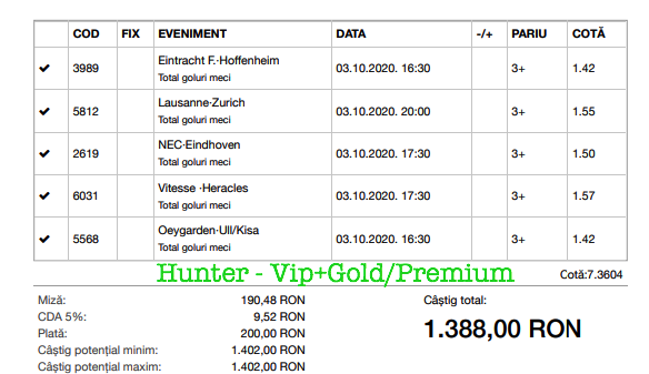 Bilet Vip+Gold/Premium cu castig 1388 lei - 04.10.2020